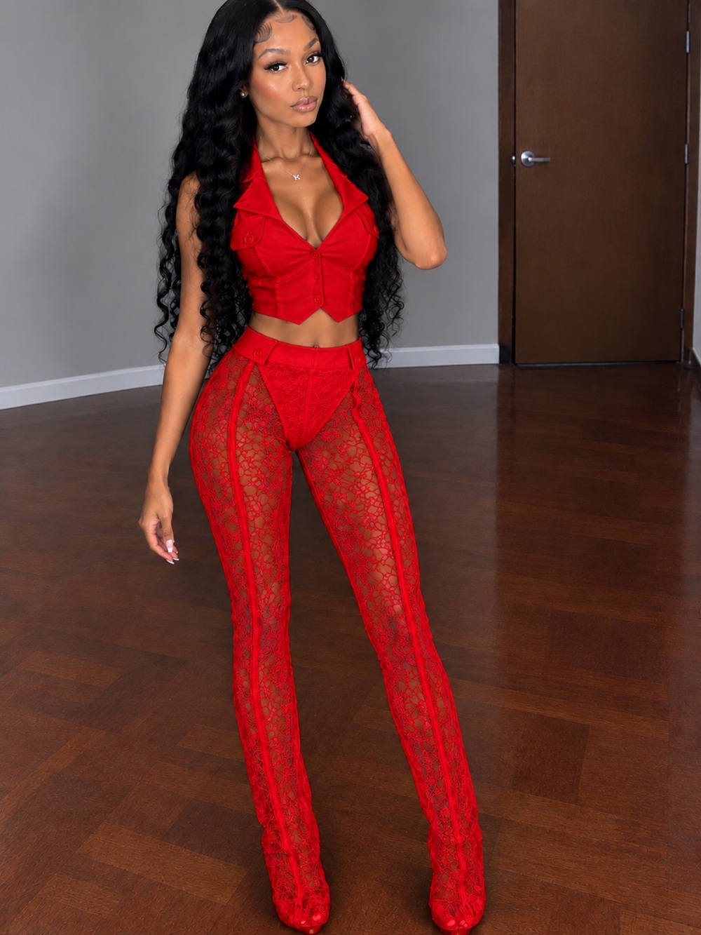 Red Lace Sheer Wide-Leg Pants